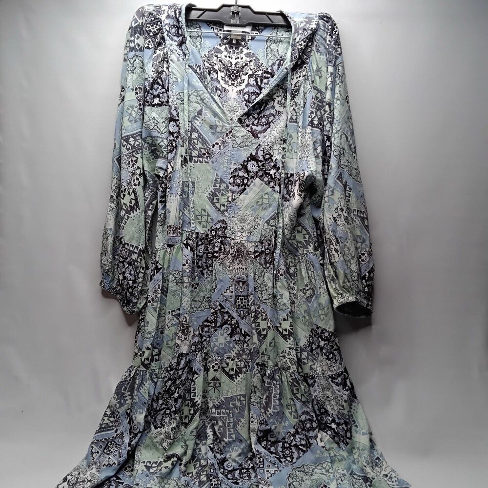 Calvin Klein Midi Dress Long Sleeve Women’s Size 2 Blue Mint Patch Work Tiered